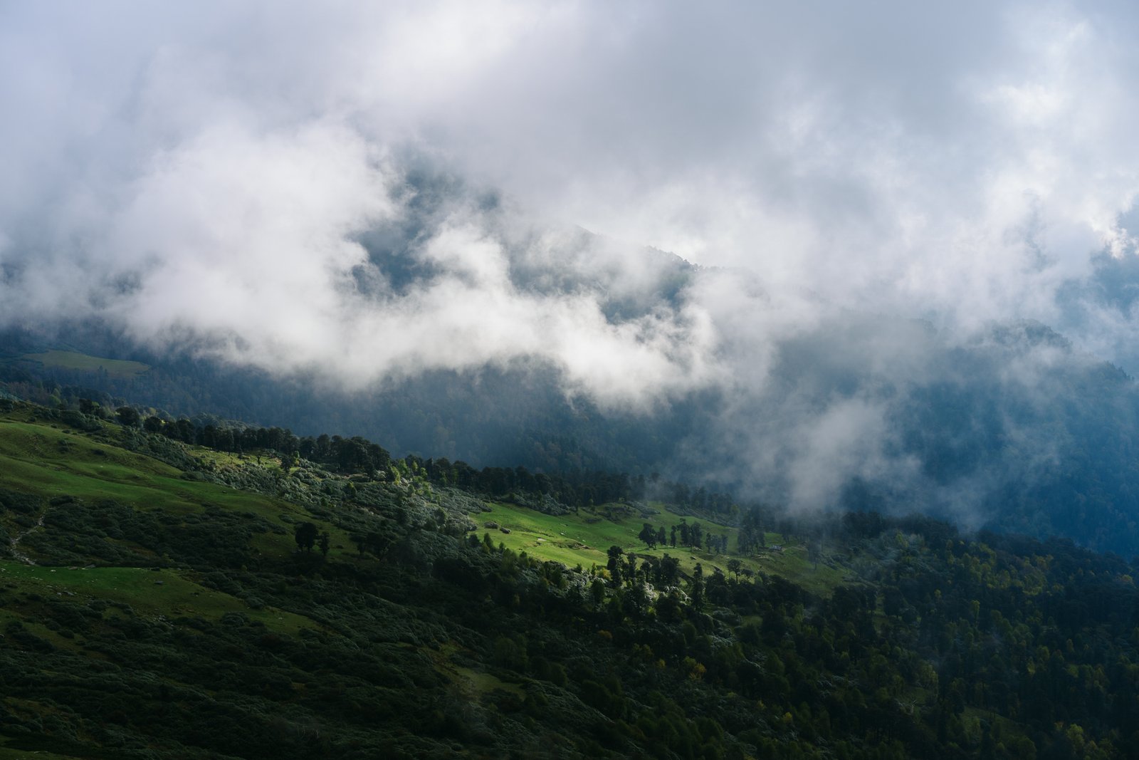 Green Himalayan ridges under clouds at Chanshal Pass, photographed by Himanshu Khagta
